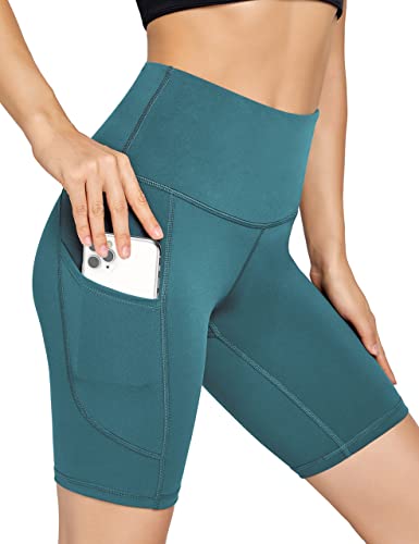 UUE Pantalones de ciclismo para mujer con bolsillos, cintura alta, opacos, pantalones de deporte, pantalones cortos para yoga, correr, fitness, Acero azul., XXL Cover