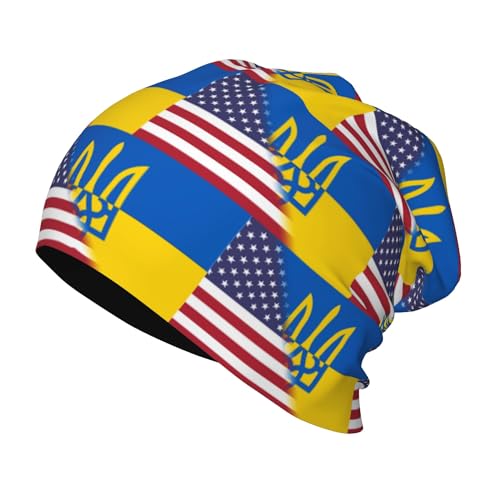 American Flag and Ukrainian Flag Kids Leisure Elastic Knitted Hat Junior Large Size Knit Cap Child Beanie Black