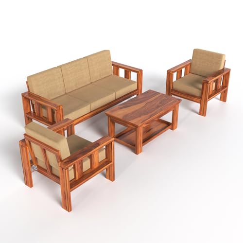 Image of Solid Wooden 5 Seater Sofa Set with Beige Cushion | Sheesham Wood Sofa Set 3+1+1 Sofa for Living Room in Natural Teak Finish