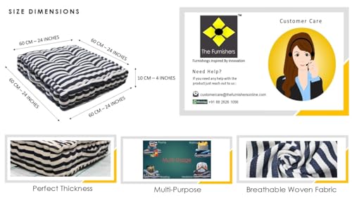 Image of Reversible 60x60x10 cm Woven Quilted Navy Stripe Floor Cushion with Cotton Filler for Seating, Patio Seat, Meditation, Yoga, Pooja, Guests, Living Room, Bedroom, Large Size 24x24x4 Inch