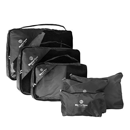 MasterGear Kleidertaschen Set in schwarz , 6-teiliges Reisetasche Set für Koffer , Packing Cubes , 3 Aufbewahrungstaschen + Wäsche-, Schuh-, Kosmetikbeutel , Paktaschen , Packwürfel