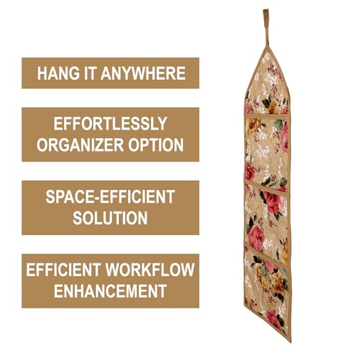 Image of Urbane Home Paper Holder | Foldable Hanging Organizer | PVC Flower Design Document Holder | Wall Hanging Organizer with 3 Pocket | Pack of 2 | Beige