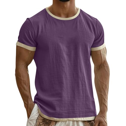Baumwolle Leinen Tshirt Herren Sommer Kurzarmshirt Männer Freizeit T-Shirt Kurzarm Einfarbige Sportshirt Atmungsaktive Leicht Sport Herren-T-Shirt Lässige Bequeme Stretch 03 Lila XL