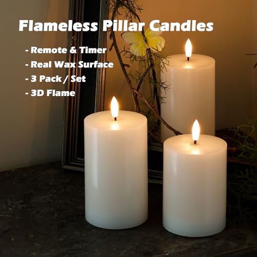Image of JOIONE White Flameless Pillar Candles with Remote, 3 Pack Home Decor | Battery Operated LED, Pure White Real Wax, Remote Control, Warm Flickering Glow, Safe Living Room & Dining Table Decor