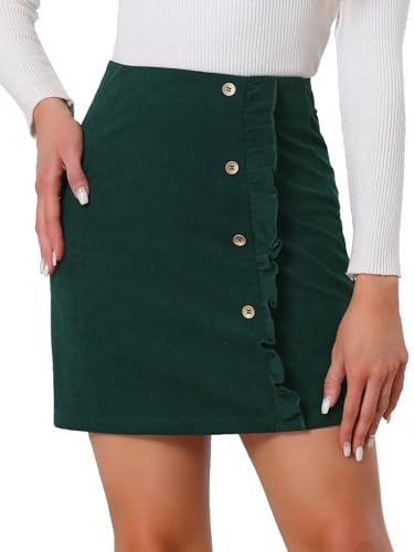 Jupe courte en velours côtelé vert taille haute style vintage boutons déco