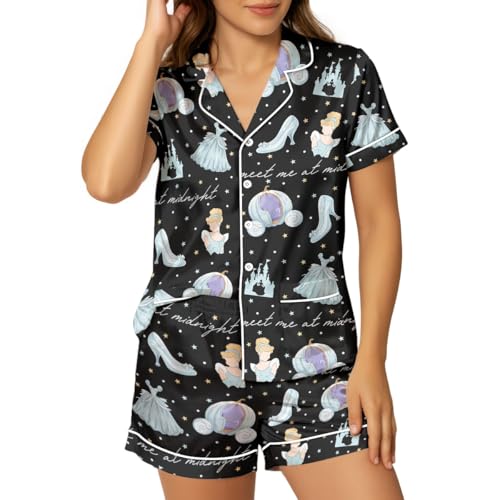 CENCORY Women Satin Pajama Set, Two Piece Short Sleeve Button Down Top and Shorts Loungewear Princess XL