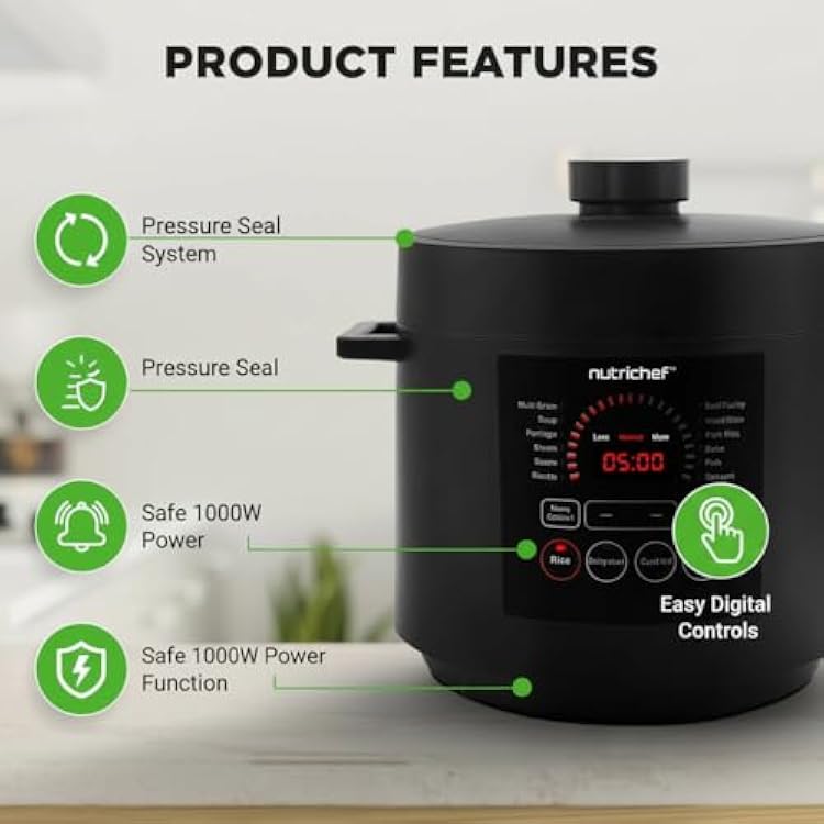 NutriChef Electric Pressure Cooker 6 Quart Capacity | 9 Function Digital Countertop Pressure Cooker | Adjustable Time & Temperature | Cook, Bake, Steam, Broil, Braise | 13.1 x 11.4 IN | Black