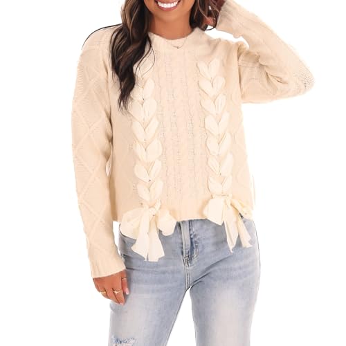 Image of Women Ribbon Sweater Cute Bow Tie Long Sleeve Knit Pullover Winter Casual Crew Neck Cable Knitted Top Streetwear