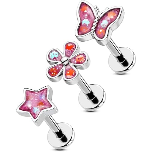 OUFER 3PCS Pink Cartilage Earrings Studs, 16G Helix Piercing Jewelry, Cute Star Butterfly Flower Flat Back Internally Threaded Tragus Helix Cartilage Earrings for Womenn-6MM Silver