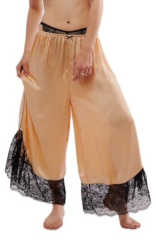 Women Y2k Lace Trim Pants Smocked Elastic Waist Long Bloomers Pant Ruffle Cropped Lounge Pajama Short Pants Slip