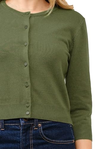 Image of Women's Cropped Cardigan 3 /4 Sleeve Crewneck Button Up Sweater Knit Top (S~XL)