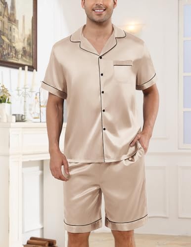 Image of Veseacky Mens Silk Satin Pajamas Set Short Sleeve Sleepwear Button-Down Pjs Sets Two-Pieces Loungewear with Pockets S-XXL