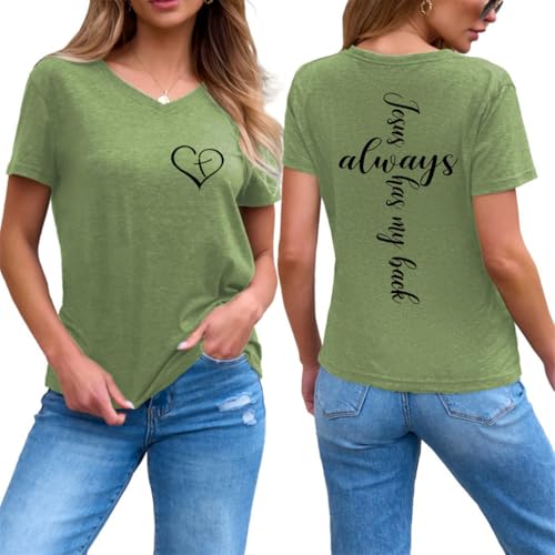 Image of Jesus Christian Shirts Womens Jesus Always Has My Back Tshirt Religious Faith T-Shirt V Neck Inspirational Funny Top