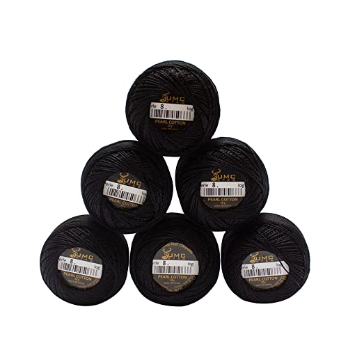 UMC STAG Hilo de bordar de algodón perlado de 6 bolas color negro 310, tamaño 8, 100% algodón egipcio, hilo de ganchillo de punto de cruz, certificado Oeko TEX | 10 gramos por bola (negro)