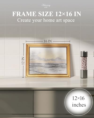 Image of HUARCEY Gold Framed Vintage Wall Art for Living Room, Landscape Painting Prints Shelf Decor for Kitchen, Aesthetic Bedroom Wall Art, Christmas Gifts for Friends or Family (Sea or Sky - 12 inchx16 inch)