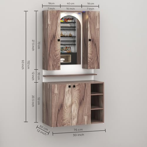 Image of Anikaa Opulex Engineered Wood Dressing Table with Mirror Cabinet, LED Lights, Storage Shelves & Back Panel - Wall Mounted Makeup Vanity & Organizer for Bedroom -(Coachwood /White) DIY Installation