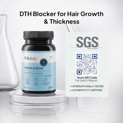 Miduty Thick & Grow Biotin Hair Supplement | With DHT Blockers, Amino Acids, Vitamins & Minerals For Glowing Skin, Strong Hair & Nail Vitamins | For Men & Women | 60 Veg Capsules