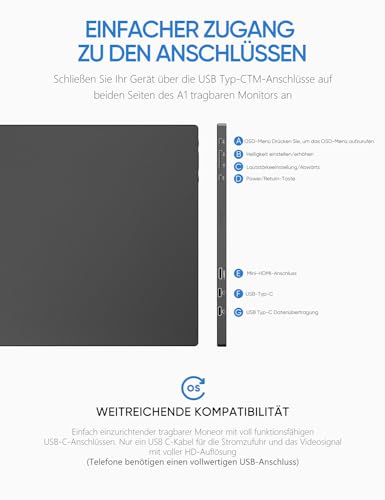 ARZOPA ARZOPA Tragbarer Monitor, 15,6" 1920×1080 FHD IPS Portabler Monitor für Laptop mit Einer Stütze, Ultra-Dünner Zweitbildschirm für Laptop/PC/Mac/PS3/4/5/Xbox - USB C & HDMI Anschluss - A1 - Zusatzansicht 4 | Tages Deals