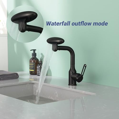 Image of Waterfall Bathroom Sink Faucet, Multifunctional Basin Faucet with 4 Water Outlet Modes Single Hole, Modern 360Rotatable Bathroom Faucet with Two Water Supply Pipes, Matte Black