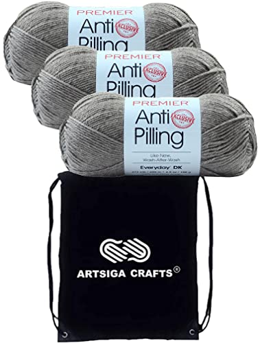 Image of Premier Yarns Anti-Pilling Everyday DK Solids Dove 1107-27 (3-Skeins - Same Dye Lot) DK Light Worsted #3 Anti-Pilling Acrylic Yarn for Crocheting and Knitting with Project Bag