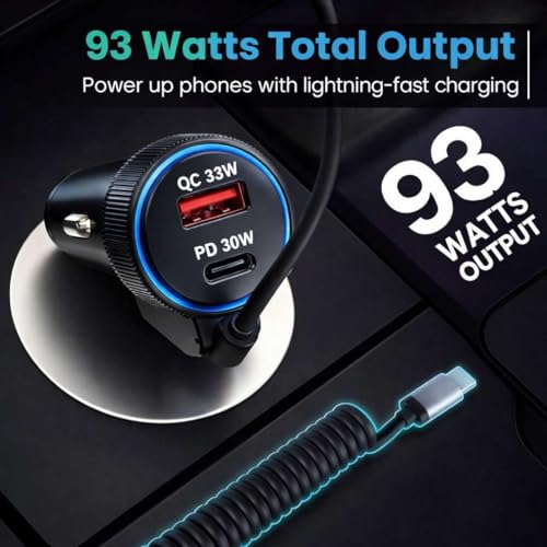Image of 93W Fast Turbo Car Charger with Built-in Type-C Coiled Cable, Dual Port (USB-A + USB-C) High-Speed Charging Adapter for Car, Truck & SUV