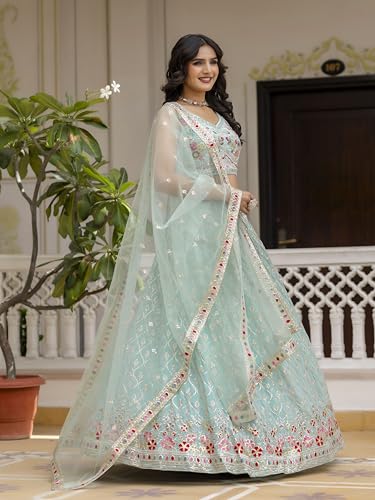 Trendmalls Women's Gold Yelllow Net Embroidery Sequence Work Lehenga Choli Set with Dupatta For Women (L144)