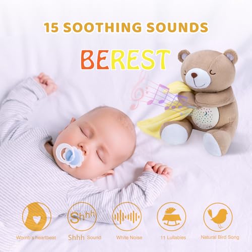 BEREST Rechargeable Baby Sleep Soother Bear, Nursery Decor Night Light Projector, Mom's Heartbeat Cry Sensor Lullabies White Noise Sound Machine, Toddler Crib Sleeping Aid Toys for Shower Gifts