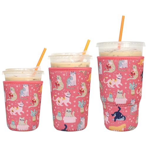 Image of 3 Pack Reusable Iced Coffee Sleeves - Xumbtvs Insulator Sleeve for Cold Beverages, Neoprene Coffee Cup Holder (Funny Cat)