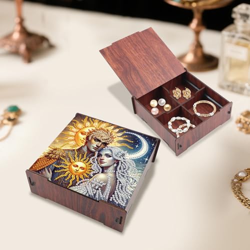 Image of DIY Diamond Art Storage Box, Sun & Moon Deity Design Wooden Diamond Painting Case with Flip-Top Lid and 4 Divided Compartments, Desktop Craft, Jewelry and Accessories Supplies Storage Container