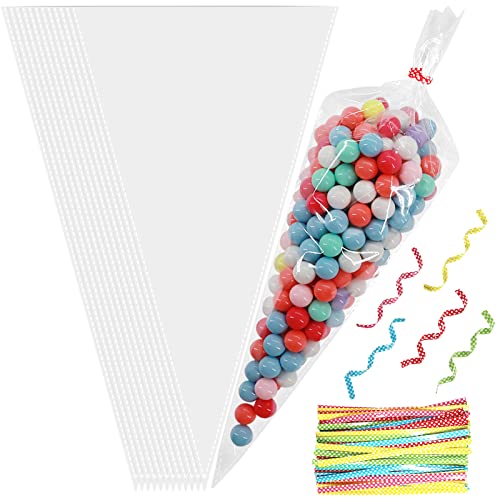 Annhao 100pcs Sachets Transparents Bonbons, 16 x 30cm Sacs Cellophane Cône Bonbons, Anniversaire Mariage Noël Sachet Plastique Bonbon Biscuit avec Liens Torsadés 100pcs pour Emballage Cadeau de fête
