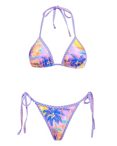 Image of Women's Triangle Bikini Set String Swimsuit Print Tie Smocked Ruched Two Piece Bathing Suit
