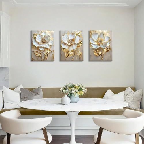 Toile murale haut de gamme fleur blanche or triptyque 60x90 - 2