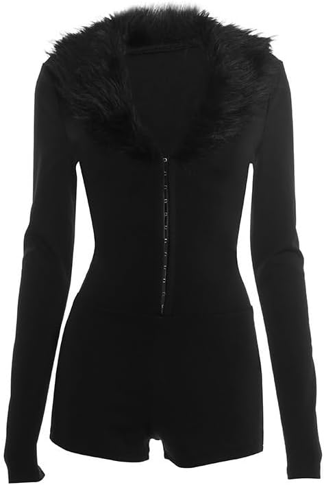 Womens Jumpsuit Sexy Faux Fur Rompers Deep V Neck Buckle Long Sleeve Shorts Rompers Bodycon Club Outfits Going Out - Image 6