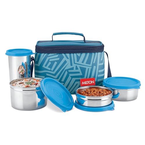 MILTON Delicious Lunch Box with Insulated Fabric Jacket, 3 Stainless Steel Containers 210 ml, 340 ml, 500 ml &Tumbler 380 ml, Leak-Proof Tiffin for Office, College, Picnic, Blue
