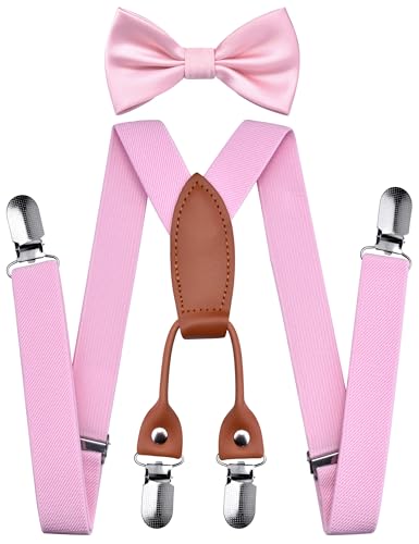 Branduce Pink Baby Boy Bow tie and Suspender Set with 4 Strong Clips Adjustable Kids Y Back Suspenders (SS02-10)
