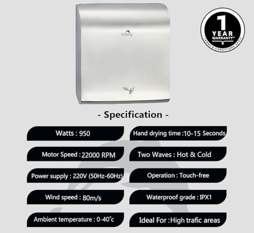 Image of Dolphy 304 Stainless Steel Commercial Hand Dryer | Smart Power-Saving |Touchless Automatic Hand Dryer for Bathroom | 950 W (Hot & Cold)