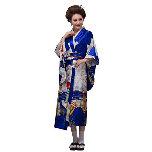 THY COLLECTIBLES Women's Silk Traditional Japanese Kimono Robe/Bathrobe/Party Robe (Blue)