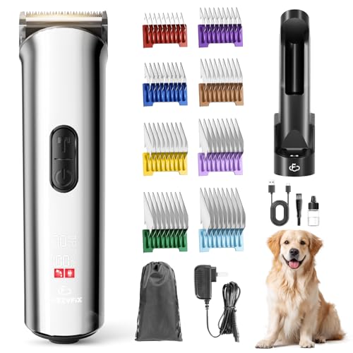FuzzyFix Professional Dog Grooming Clippers with Charging Dock, 5-in-1 Adjustable Blade Cordless Pet...