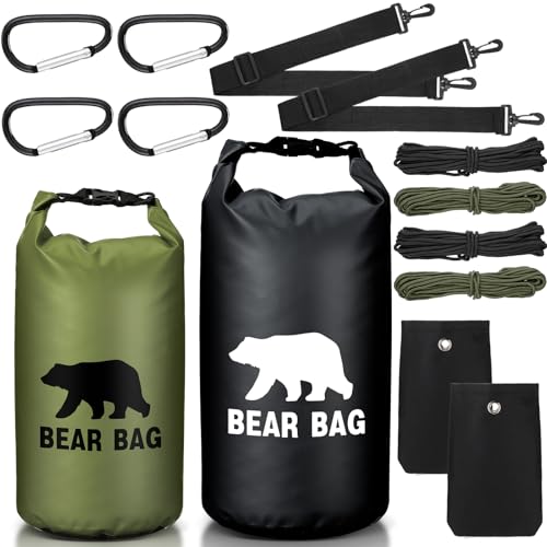 Foilswirl 2 Sets Bear Food Bag for Camping Food Hanging System Includes 2 Waterproof Bear Bag Pulley System 4 Nylon Ropes 4 Clips 2 Rock Pouch (Black Military Green 20l10l)