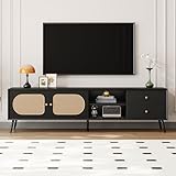 THINK 30 Black Low TV Stand for TVs Up to 80 Inches with Woven Cane Doors,Mid Century Modern TV Console Table Media Console Cabinet with 2 Drawers & Open Shelves & Doors,Solid Wood Spport Legs