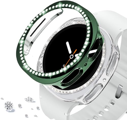 DEALELE [2-PACK Case Compatible with Samsung Galaxy Watch 8 40mm, Bling Single-Row Diamond PC Protective Case Replacement Watch Cover Bumper for Galaxy 8 Watch 40mm (Green+Transparent)