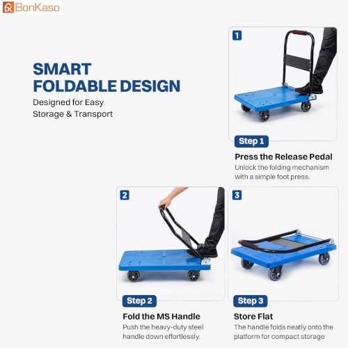 Image of Bonkaso Heavy Duty Platform Truck 500 Kg Load Capacity, Foldable Metal Handle, Blue Anti-Slip Plastic Deck, TPR Wheels, Reinforced Base, Material Handling Trolley for Warehouse & Industrial Use