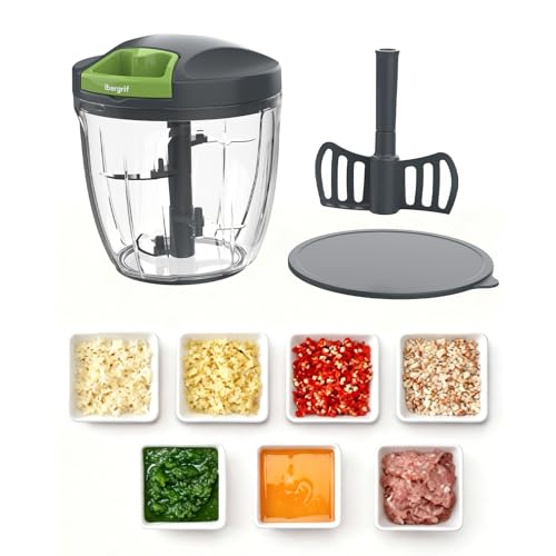 Ibergrif Hachoir Manuel 900 ml à Corde, Coupe Oignon Manuel, Mixeur Manuel Lames Inox, Pale Mélangeuse, Base Antidérapante, Sans BPA, Hachoir Portable pour Ail,...