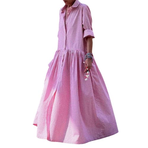 Image of chouyatou Women's Retro Plaid Button Down Maxi Shirt Dress Long Sleeve Button Up Gingham Swing Long Dress