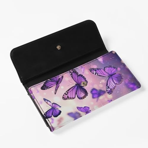 Image of AFPANQZ Bling Butterflies Long Clutch Women Wallet Soft Leather Designer Trifold Multi Card Organizer Phone Holder Lady Purse Buckle Zipper Coin Pocket Pink