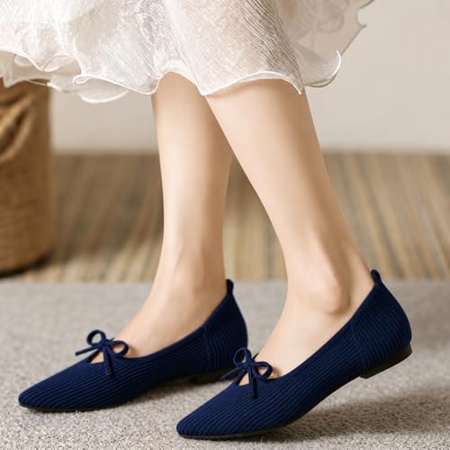 Image of TINGRISE Women's Pointed Toe Flats Comfortable Knit Ballet Shoes Washable Dressy with Bow Business Casual Work Shoes