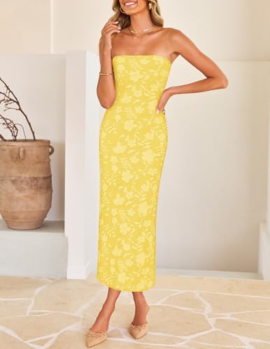 Image of ZESICA Women's 2026 Summer Floral Strapless Bodycon Midi Dress Off Shoulder Beach Formal Cocktail Wedding Guest Long Dresses