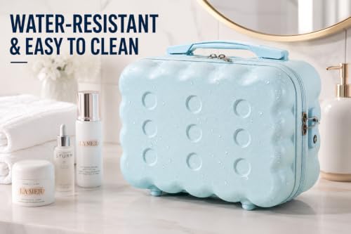 Image of BLUE BEADS Travel Makeup Case with Lock & Luggage Strap, ABS Hard Shell Cosmetic Vanity Case, Portable Makeup Organizer for Women, Beauty Storage Box for Makeup & Toiletries (Blue, Model 2)