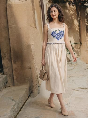 Image of PURVAJA Women's Fit & Flared Midi Sleeveless Square Solid Dress