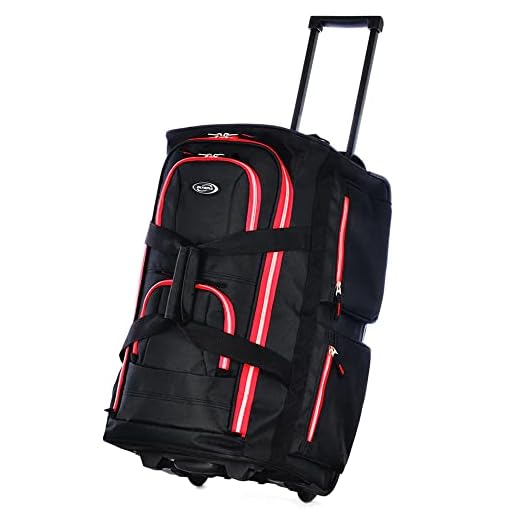 Olympia 8 Pocket Rolling Duffel Bag, Black/Red, 22 inch